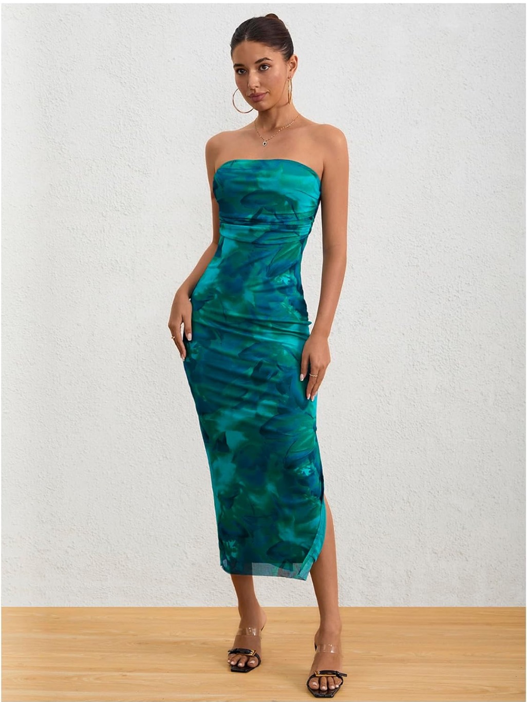 Strapless Teal Green Printed Midi Dress